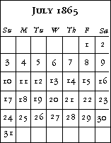 Calendar for July, showing the days of the week