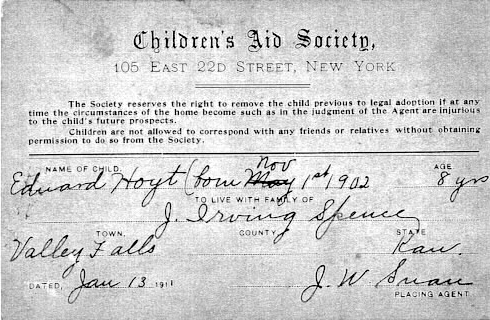Children's Aid Society placement card