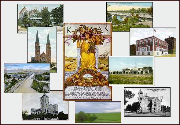 Montage of old postcards showing Kansas scenes