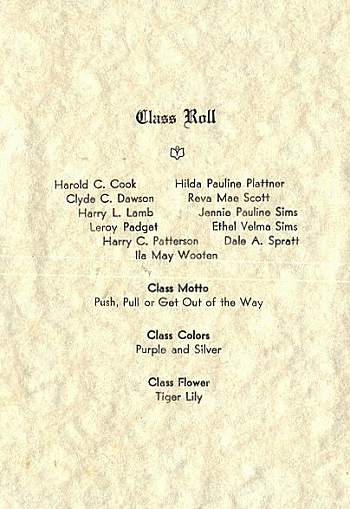 Class list, motto ('Push, pull, or get out of the way'), class colors (purple and silver) and flower (tiger lily)