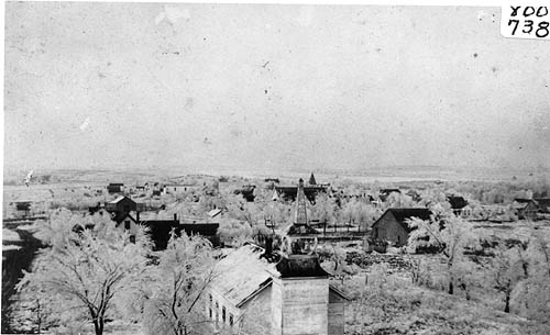 Aerial view of the city, nestled in many trees