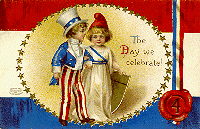 Old postcard showing two children, a boy as Uncle Sam, a girl as Lady Liberty, against a red, white and blue banner