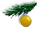 gold ornament dangling from evergreen branch