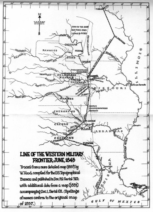 Line of the western military frontier, June 1845, from a detailed 1837 map by W. Hood, compiled for the U.S. Topographical Bureau