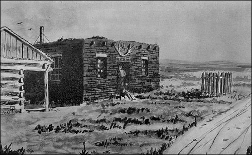 [Small log cabin; a Pony Express rider rides away in the foreground.]