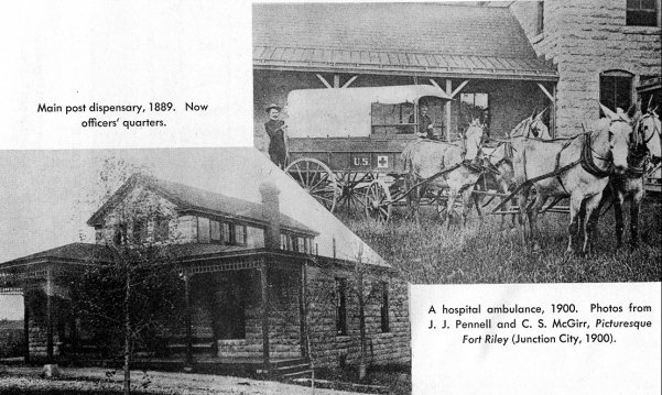 Main post dispensary 1889, left side and hospital ambulance 1900, right side