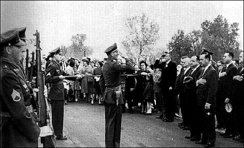 Kansas Gov. John Anderson and Missouri Gov. John Dalton review honor guard, 25 Oct 1964