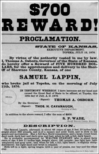 Poster announcing rewards for arrest of Samuel Lapin, who was returned to Topeka in October 1884