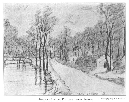 Scene in Support Position, Lucey Sector. --Drawing by Corp. J.F. Cammack.