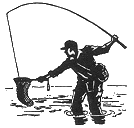 fisherman retrieving fish on hook, net in one hand, pole in the other