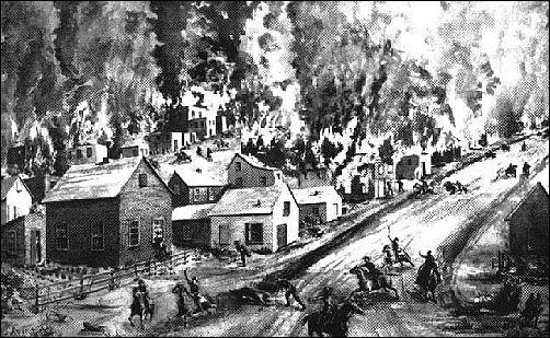 Quantrill's Aug 21, 1863 Lawrence raid as painted by Lauretta Fisk